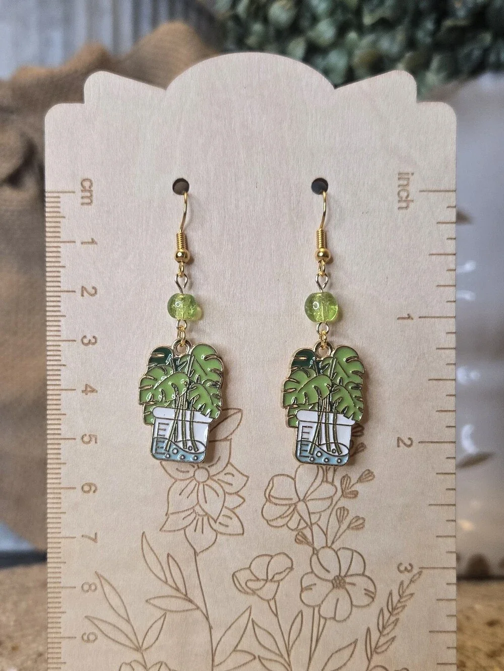 Handcrafted Green Plant Drop Earrings - Picture 2 of 2